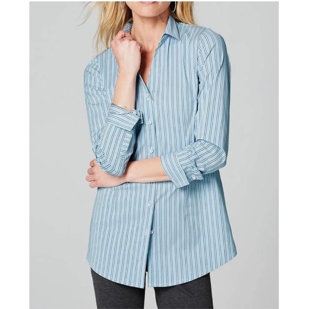 J Jill Striped Blue Button Down Cotton Blend Top